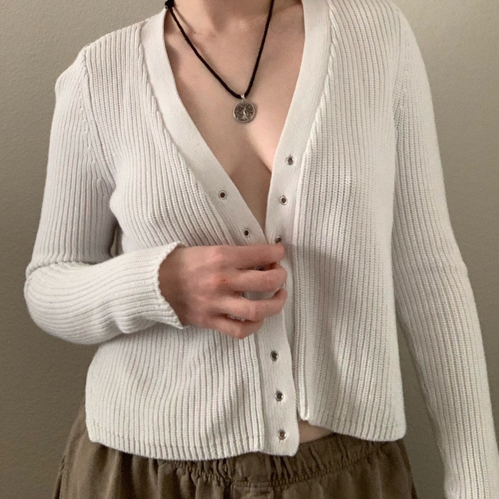 Express White Ribbed Cardigan with Eyelets